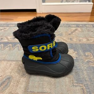 Sorel Black and Blue Kids' Boots with Yellow Accents